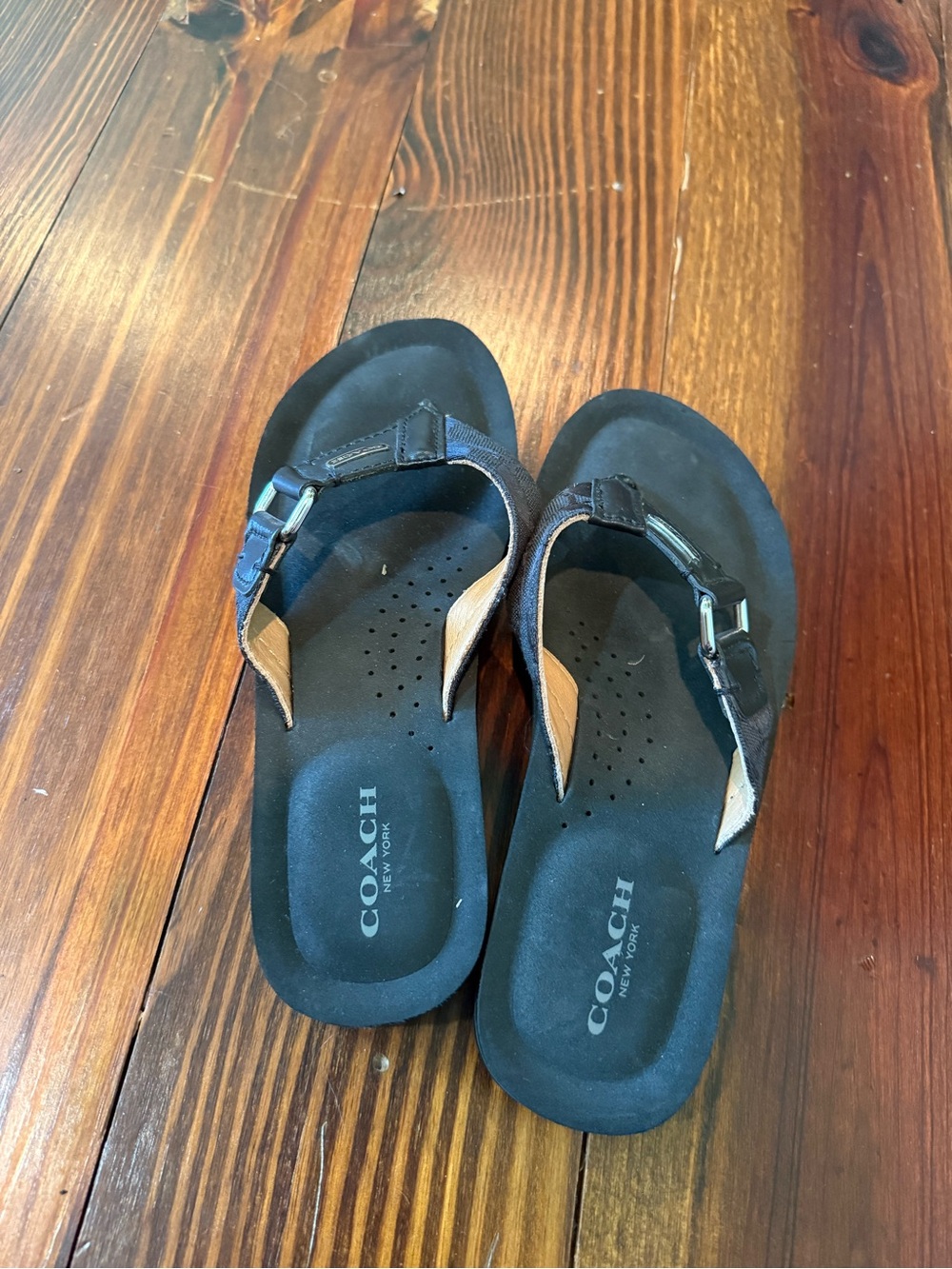 Coach Black Buckle Leather Flip Flop Sandals - Picture 2 of 5